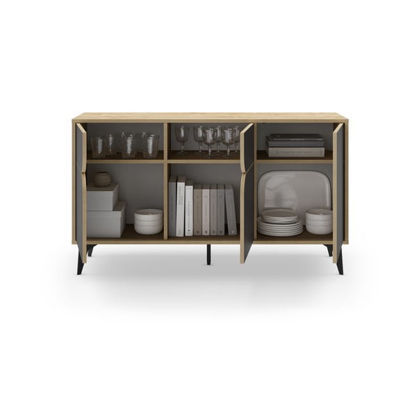 Melna/dabīga toņa zema kumode ar ozolkoka imitāciju 140x79 cm Nola – Marckeric-image-4