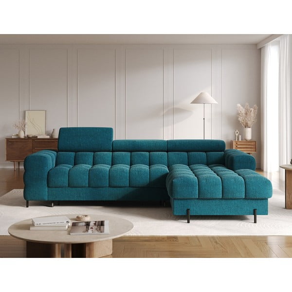 Zils salokāms/ar uzglabāšanas vietu stūra dīvāns no buklē auduma (ar labo stūri/ar zvilni) Felro – ELTAP-image-1