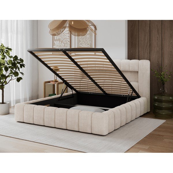 Bēša polsterēta divvietīga gulta ar veļas kasti ar redelēm 160x200 cm Lamica – ELTAP-image-4