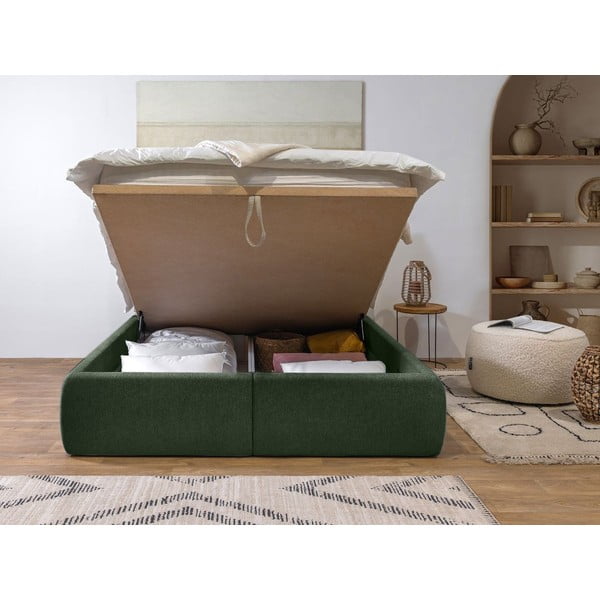 Tumši zaļa polsterēta divvietīga gulta ar veļas kasti un redelēm 160x200 cm Garance – Bobochic Paris-image-3