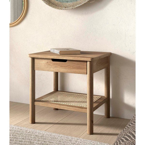 Dabīga toņa ozola masīvkoka naktsskapītis ar plauktiem Olive – Vipack-image-1