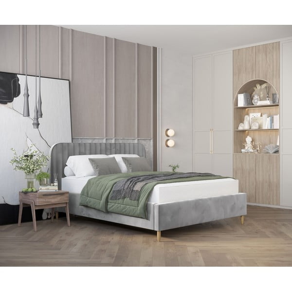 Pelēka polsterēta divvietīga gulta ar veļas kasti un redelēm 160x200 cm Noto – Maison de Rêve-image-1