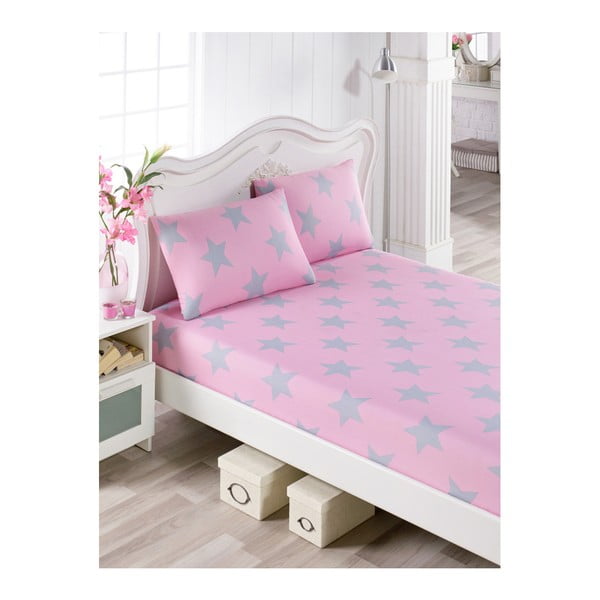 Kokvilnas rozā palagi un 2 spilvendrānas vienvietīgai gultai Stars Lusno, 100 x 200 cm