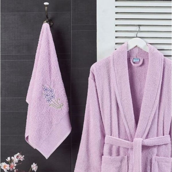 Gaiši rozā kokvilnas halāta un dvieļa komplekts S/M – Mila Home-image-1