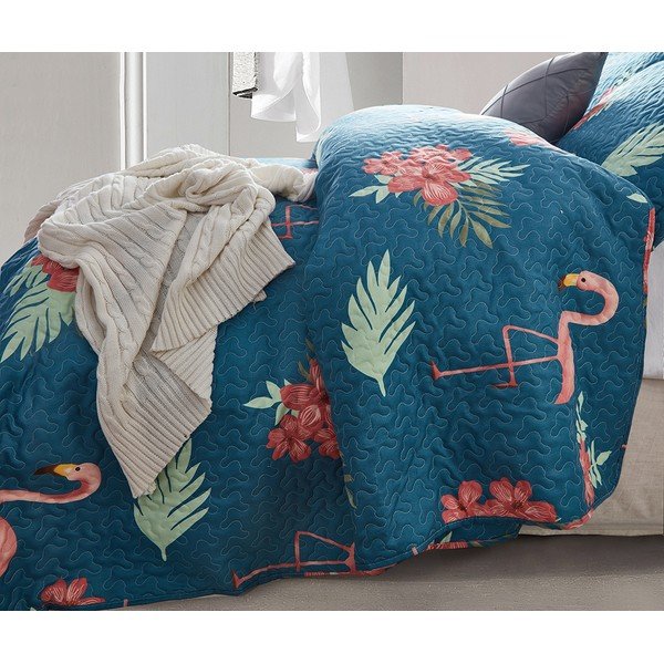 Zils mikrošķiedras pārklājs ar divām spilvendrānām Sleeptime Flamingo, 180 x 250 cm-image-1