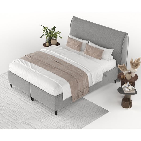 Gaiši pelēka polsterēta divvietīga gulta ar veļas kasti 160x200 cm Draco – Maison de Rêve-image-4