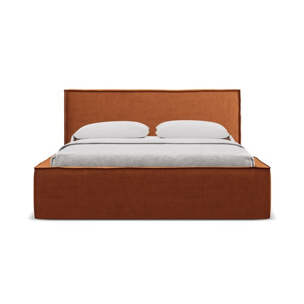Terakotas oranža polsterēta divvietīga gulta ar veļas kasti un redelēm 160x200 cm Anani – Makamii-image-3
