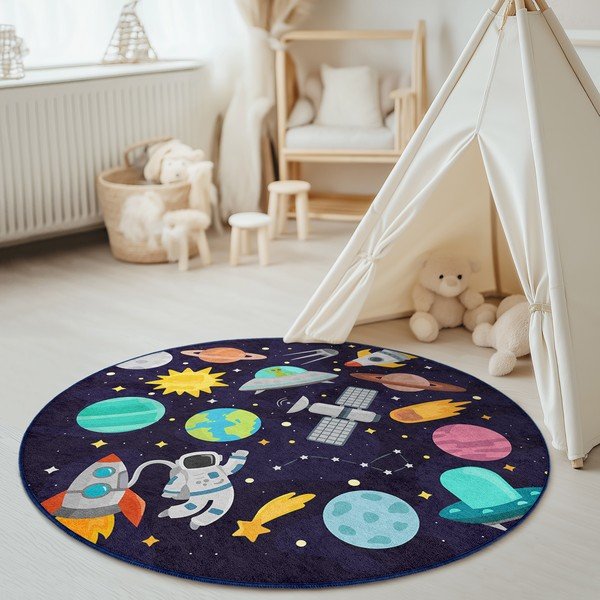 Tumši zils mazgājams bērnu rotaļu paklājs ø120 cm Into The Space – Mila Home-image-4