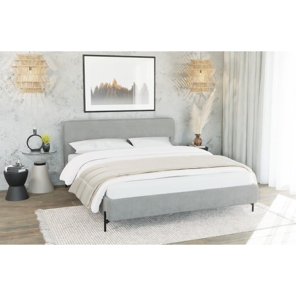 Gaiši pelēka polsterēta divvietīga gulta ar redelēm 140x200 cm Barker – Ropez-image-2