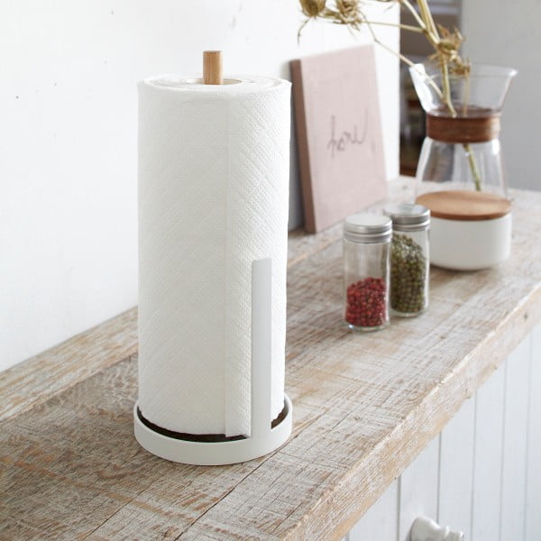Balts papīra dvieļu ruļļu turētājs ar dižskābarža detaļām YAMAZAKI Tosca-image-3