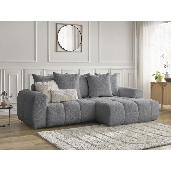 Pelēks salokāms stūra dīvāns no buklē auduma ar uzglabāšanas vietu (ar labo stūri/ar zvilni) Roxelane – Bobochic Paris-image-4