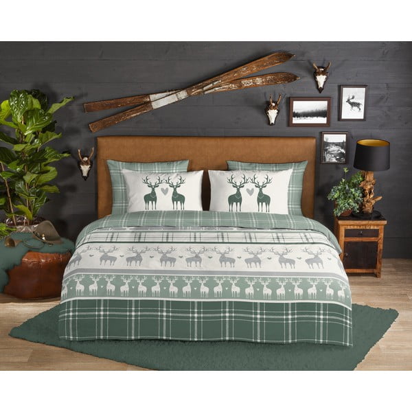 Zaļa/krēmkrāsas divguļamā flaneļa gultas veļa 200x220 cm Bjirk – Good Morning-image-1