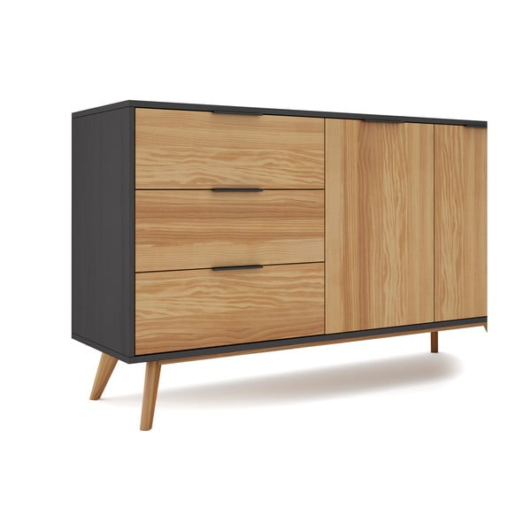 Melna/dabīga toņa zema priedes kumode 140x81 cm Lavis – Marckeric-image-4