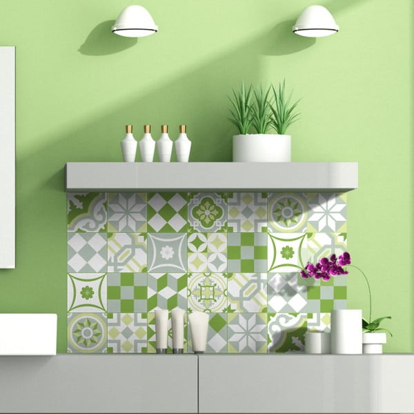 24 sienas uzlīmju komplekts Ambiance Green Patchwork Tiles, 10 x 10 cm