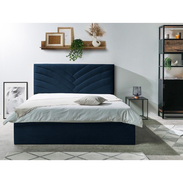 Tumši zila mīksta divguļamā gulta ar glabāšanas vietu un režģi 160x200 cm Palmyre – Bobochic Paris-image-2