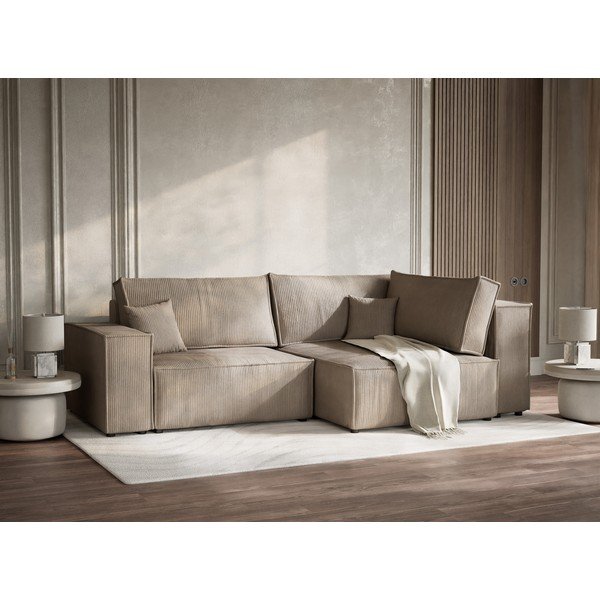 Bēšs velveta salokāms stūra dīvāns ar uzglabāšanas vietu (ar labo stūri/L veida) Tonga – Maison de Rêve-image-4