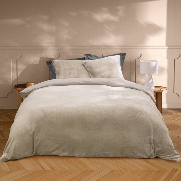 Bēša divguļamā/īpaši gara trīsdaļīga gultas veļa no mikroflaneļa 240x220 cm Flanou – douceur d'intérieur-image-1