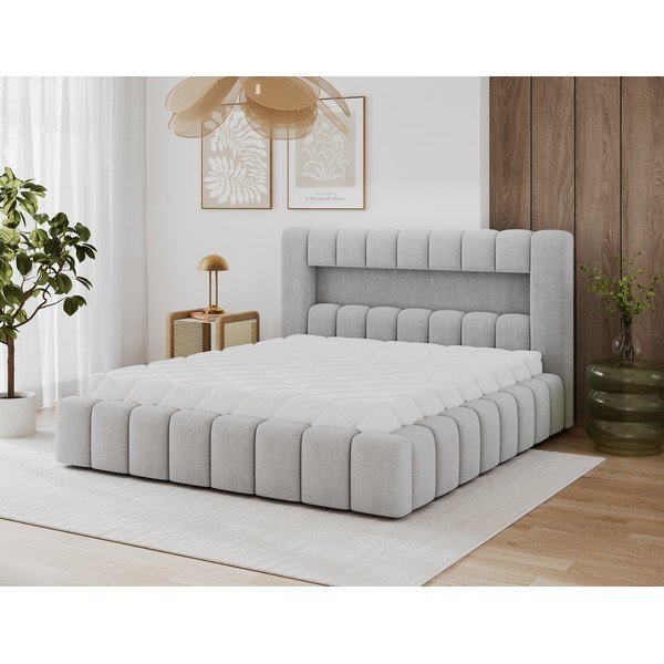 Gaiši pelēka polsterēta divvietīga gulta ar veļas kasti un ar redelēm 160x200 cm Lamica – ELTAP-image-1