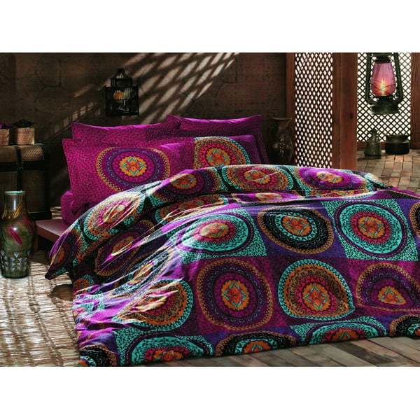Rozā/tirkīzzila divvietīga kokvilnas gultas veļa 200x200 cm Gipsy – Mijolnir