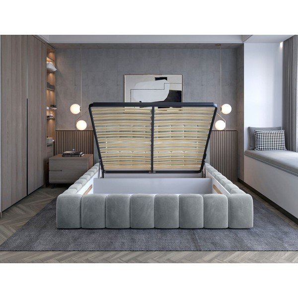 Gaiši pelēka polsterēta divvietīga gulta ar veļas kasti un ar redelēm 180x200 cm Lamica – ELTAP-image-2