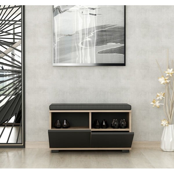 Melns/dabīga toņa apavu plaukts ar riekstkoka imitāciju ar soliņu Drago – Kalune Design-image-4