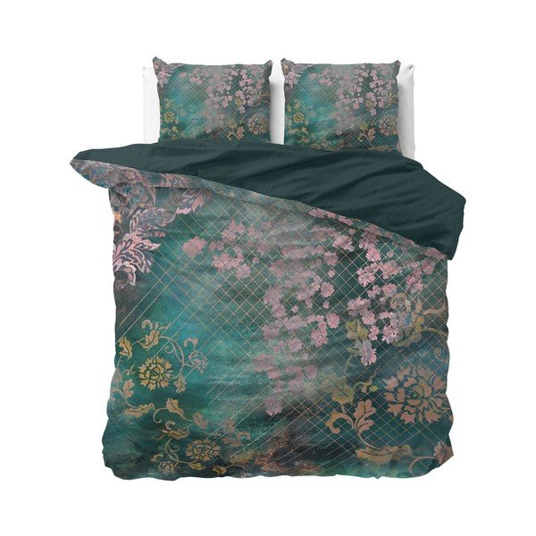 Zaļa kokvilnas divvietīga gultasveļa Pure Cotton Tiran Flower, 240 x 200 cm