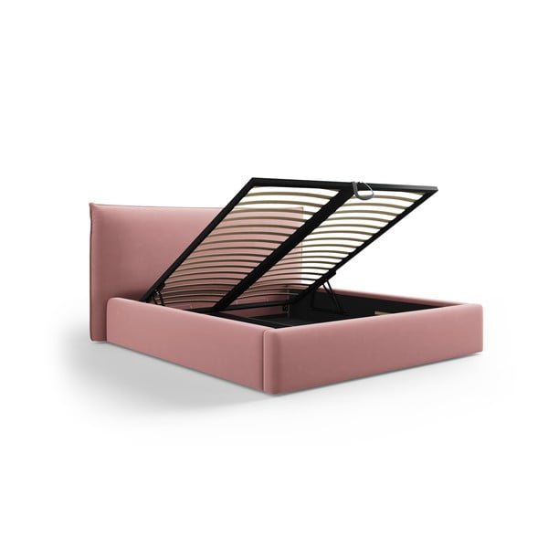 Rozā polsterēta divvietīga gulta ar veļas kasti un redelēm 140x200 cm Elio – Milo Casa-image-2