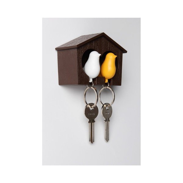 Brūns atslēgu piekariņš ar baltu un dzeltenu atslēgu gredzenu Qualy Duo Sparrow-image-1