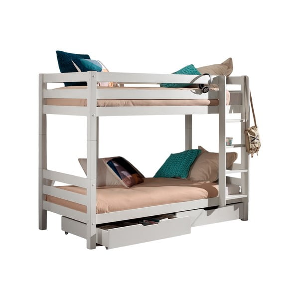 Balta priedes masīvkoka divstāvu bērnu gulta ar veļas kasti PINO – Vipack