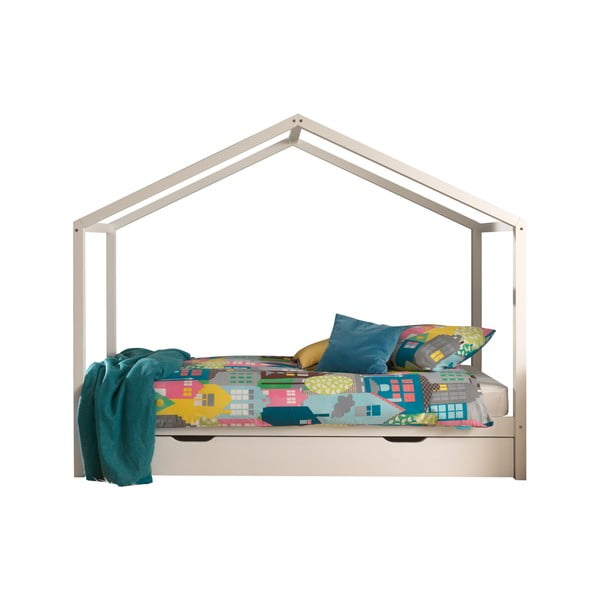 Balta priedes masīvkoka bērnu gulta mājas formā/izvelkama ar veļas kasti 90x200 cm DALLAS – Vipack