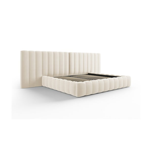 Bēša polsterēta divvietīga gulta ar veļas kasti un režģi 200x200 cm Gina – Milo Casa