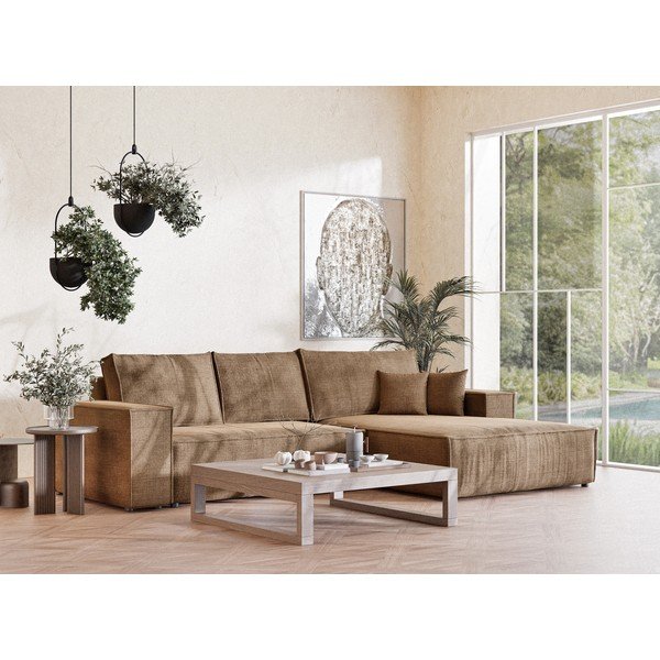 Gaiši brūns salokāms stūra dīvāns no šenila auduma ar uzglabāšanas vietu (ar labo stūri/ar zvilni) Maze – Maison de Rêve-image-1