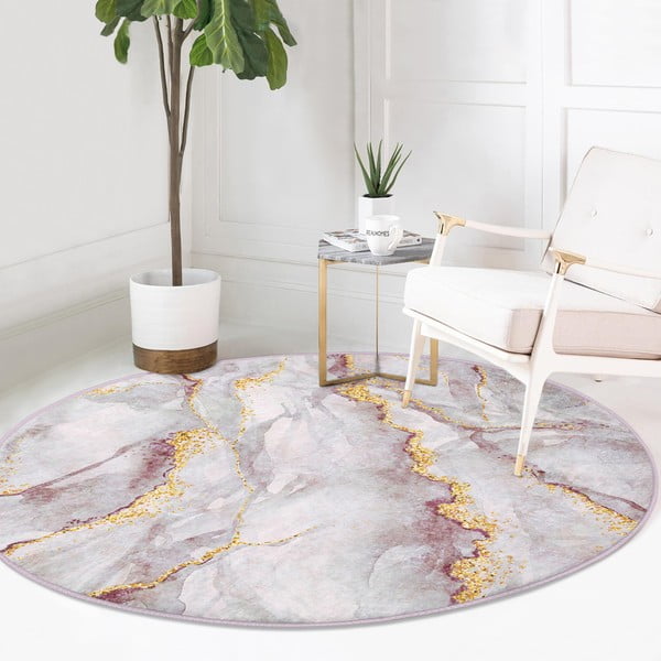 Gaiši rozā/zelta krāsas mazgājams apaļš paklājs ø 80 cm Marble – Mila Home-image-2
