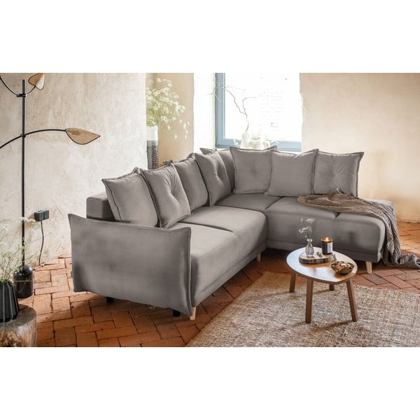 Gaiši brūns velveta salokāms stūra dīvāns (ar labo stūri) Lazy Lukka – Miuform-image-1