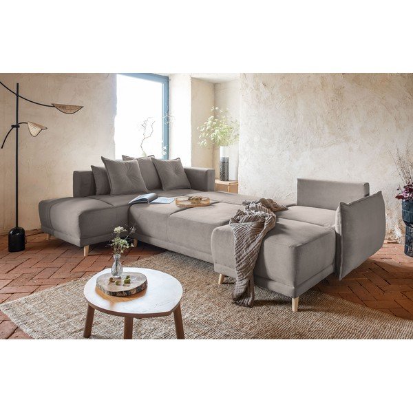 Gaiši brūns velveta salokāms stūra dīvāns (ar kreiso stūri/U veida) Lazy Lukka – Miuform-image-1