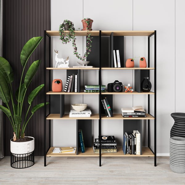 Melns/dabīga toņa grāmatplaukts ar ozolkoka imitāciju 144x175 cm Alabama – Marckeric-image-3