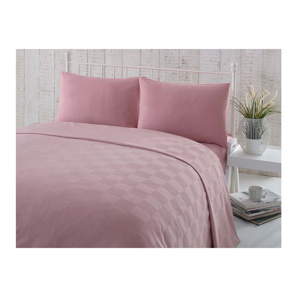 Rozā kokvilnas divguļamās gultas pārklājs ar palagu un spilvendrānām Simplicity, 200 x 235 cm
