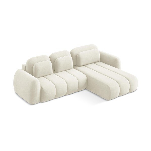 Bēšs salokāms stūra dīvāns no buklē auduma ar uzglabāšanas vietu (ar labo stūri/ar zvilni) Pele – Makamii-image-2