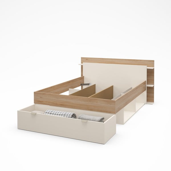 Balta/dabīga toņa divvietīga gulta ar ozolkoka imitāciju un veļas kasti bez režģa 140x190 cm Albo – Marckeric-image-4