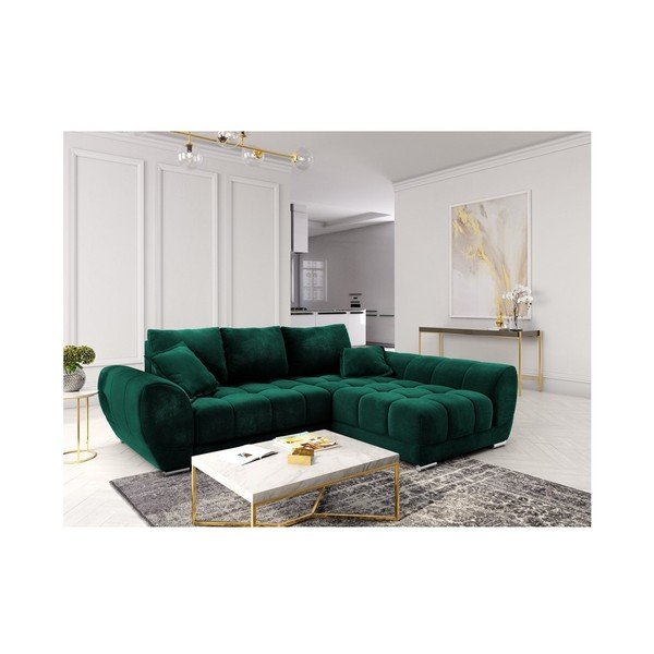 Tumši zaļš samta izvelkamais stūra dīvāns ar veļas kasti Windsor & Co Sofas Nuage, labais stūris-image-1