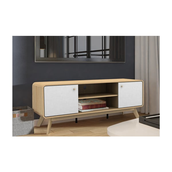 Balts/dabīga toņa TV galdiņš ar ozolkoka imitāciju 140x53 cm Caitlin – Støraa-image-4