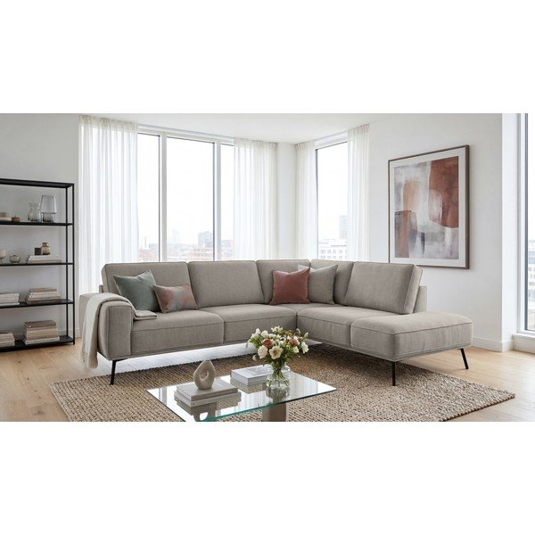 Pelēkbēšs stūra dīvāns no šenila auduma (ar labo stūri/L veida) Amsterdam – Scandic-image-4