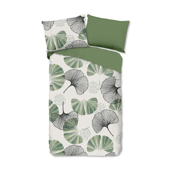 Zaļa/krēmkrāsas vienvietīga kokvilnas gultas veļa 140x200 cm – Good Morning