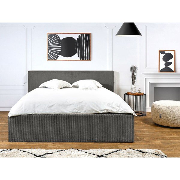 Tumši pelēka polsterēta divvietīga gulta ar veļas kasti ar redelēm 160x200 cm Nihad – Bobochic Paris-image-2