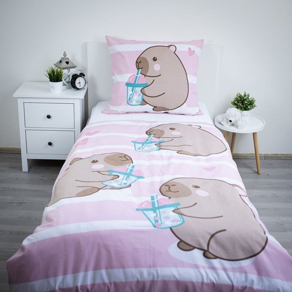 Rozā vienguļamā kokvilnas bērnu gultas veļa 140x200 cm Kapybara – Jerry Fabrics-image-1