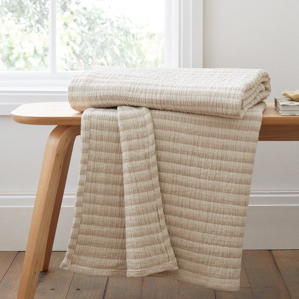 Dabīga toņa kokvilnas pleds 150x200 cm Cotton Muslin Stripe – Bianca-image-1