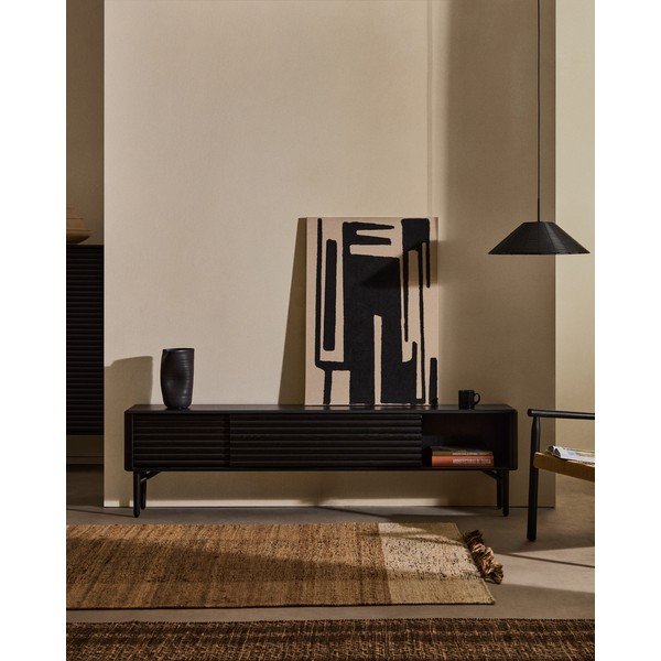 Melns TV galdiņš ar ozolkoka imitāciju 200x57x35 cm Lenon – Kave Home-image-1