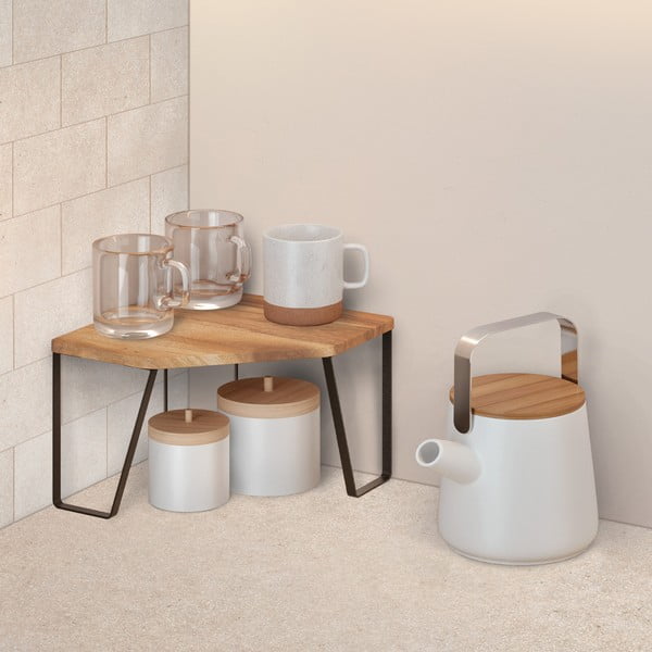 Matēti melns/dabīga toņa koka stūra papildu virtuves plaukts 25x25 cm York – Metaltex-image-1