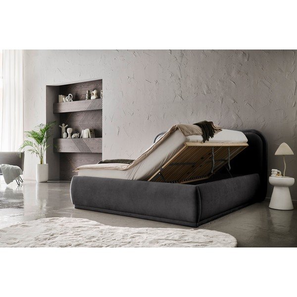 Antracīta pelēka polsterēta divvietīga gulta ar veļas kasti ar redelēm 160x200 cm Soma – Meise Möbel-image-2
