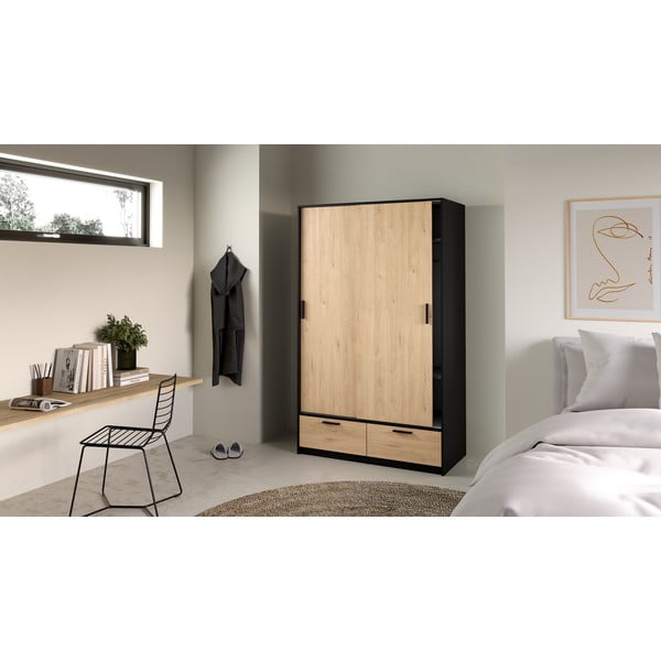 Melns/dabīga toņa drēbju skapis ar ozolkoka imitāciju ar bīdāmām durvīm 121x200 cm Line – Tvilum-image-1
